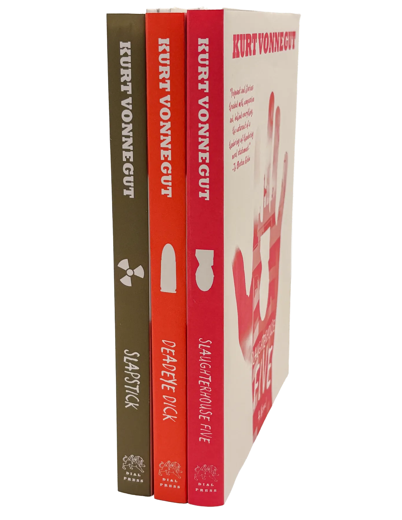 Three Kurt Vonnegut paperbacks standing side by side showing spines