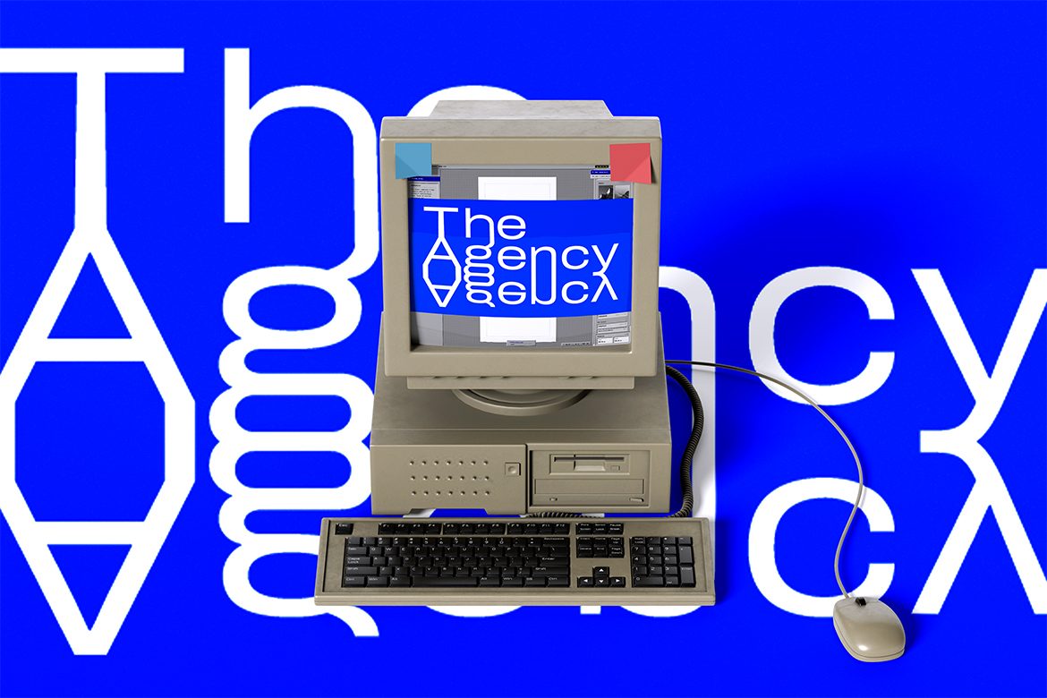 Retro computer mockup for The Agency Agency with mirrored Agency typography on a blue background