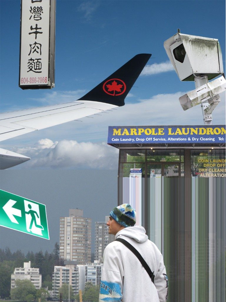 Collage with Air Canada plane, Marpole Laundromat, and Vancouver skyline