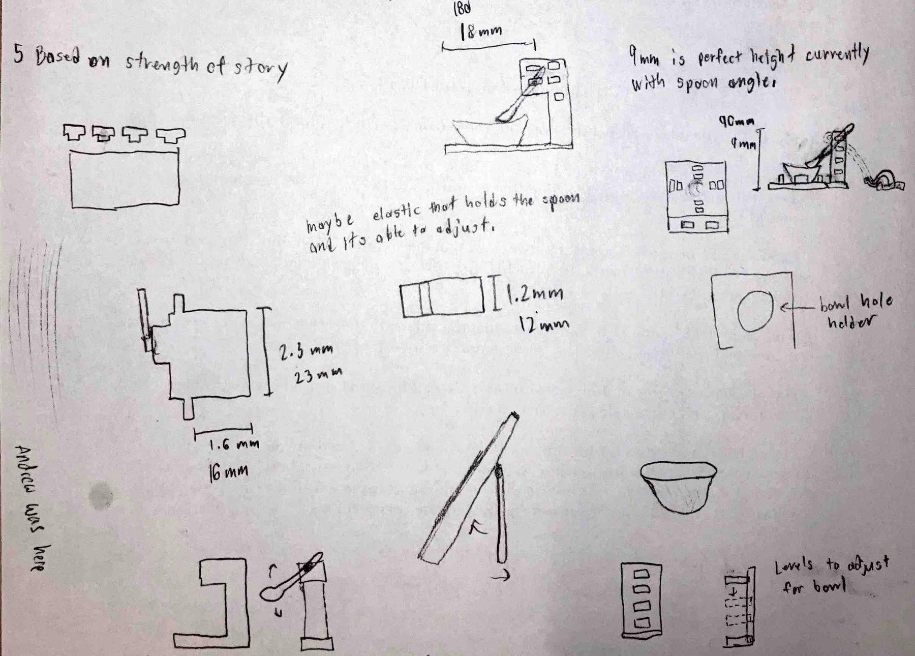 Hand-drawn sketches and notes for the cereal feeder design