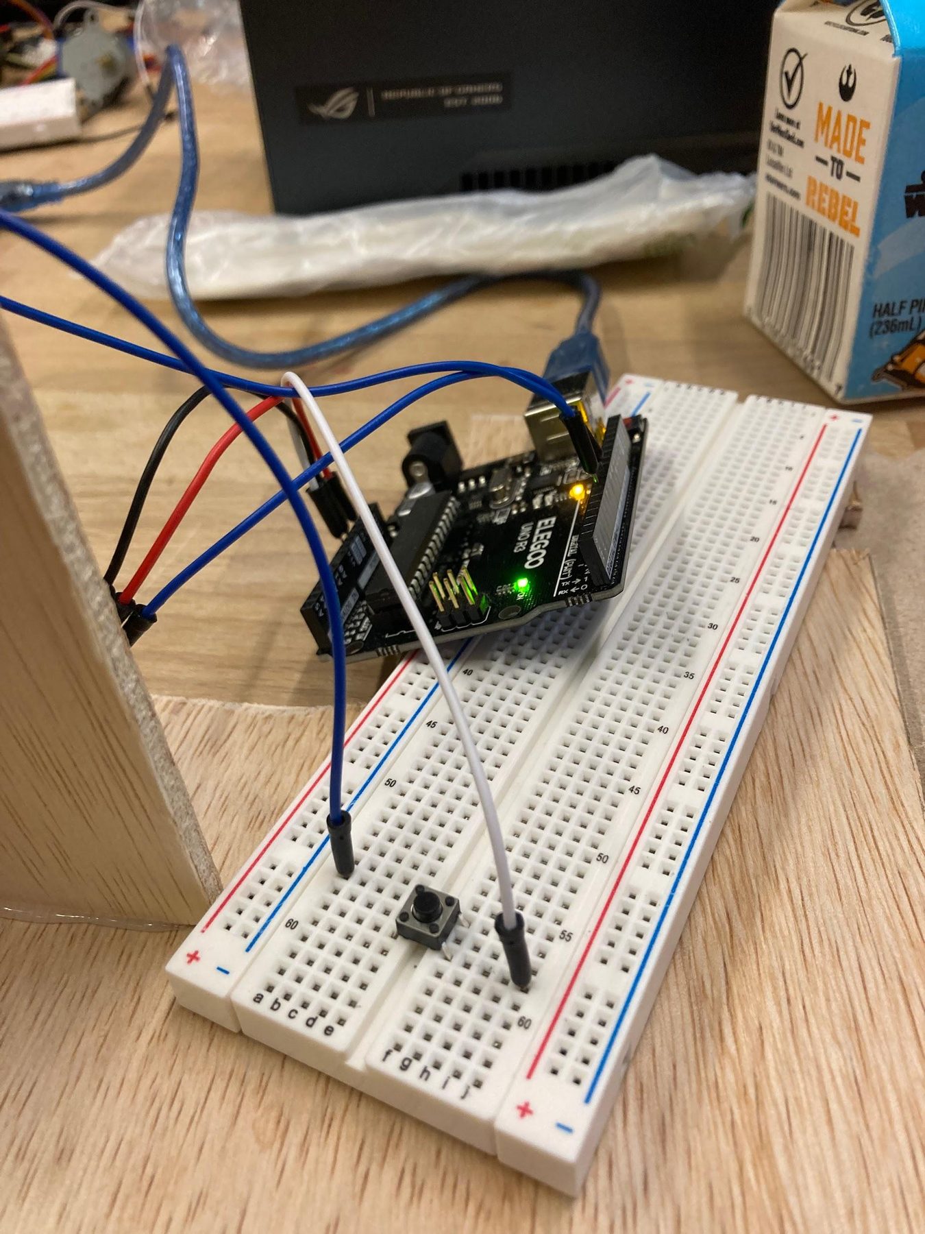 Arduino and breadboard wiring for the cereal feeder