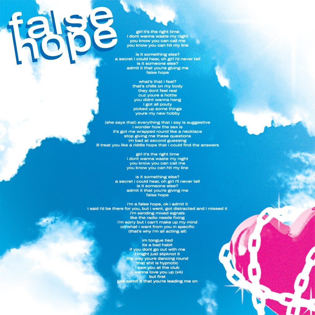 False Hope back cover with lyrics and chained pink heart