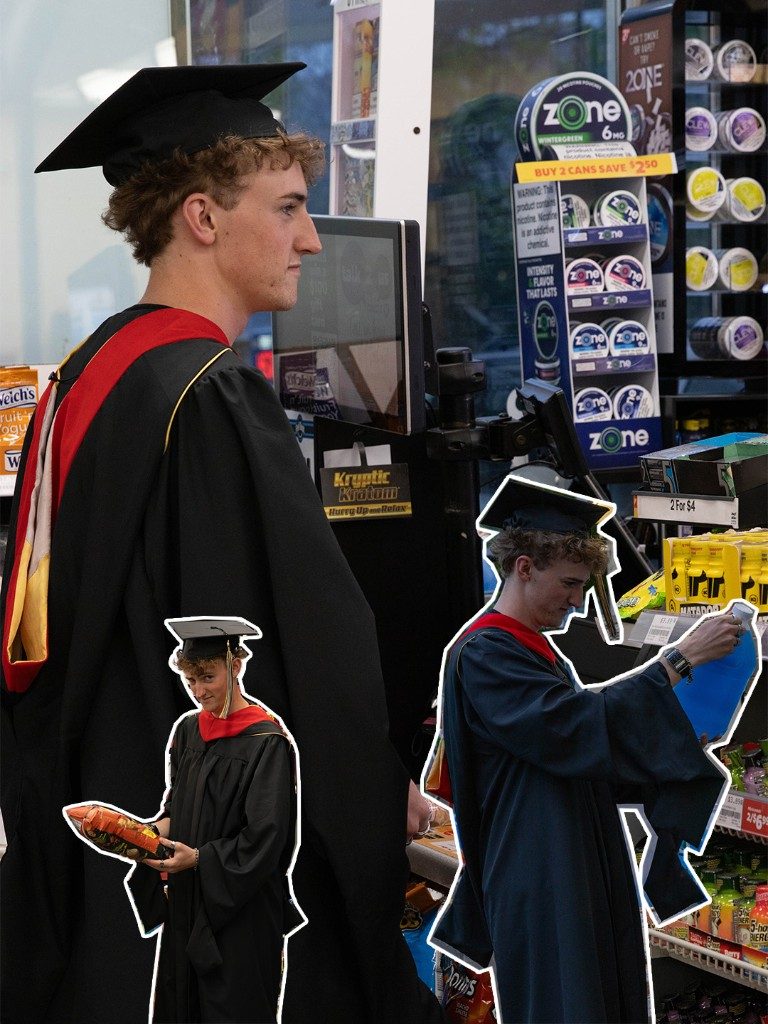 Graduate at a convenience store counter with cutout overlays