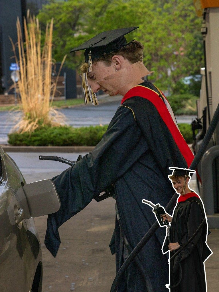 Graduate pumping gas with a smiling cutout inset
