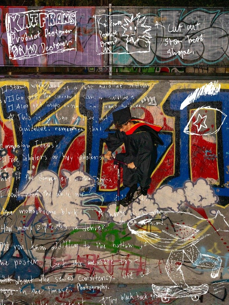 Graduate scootering at a graffiti skatepark with sketch overlays