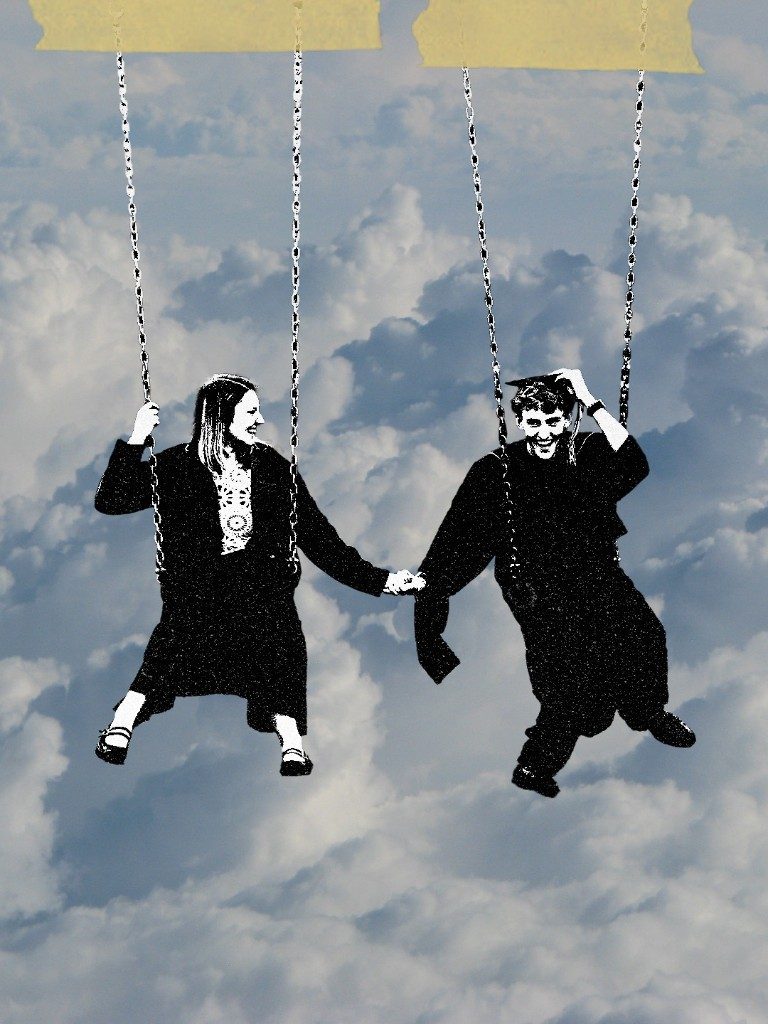 Graduate and friend on swings above the clouds