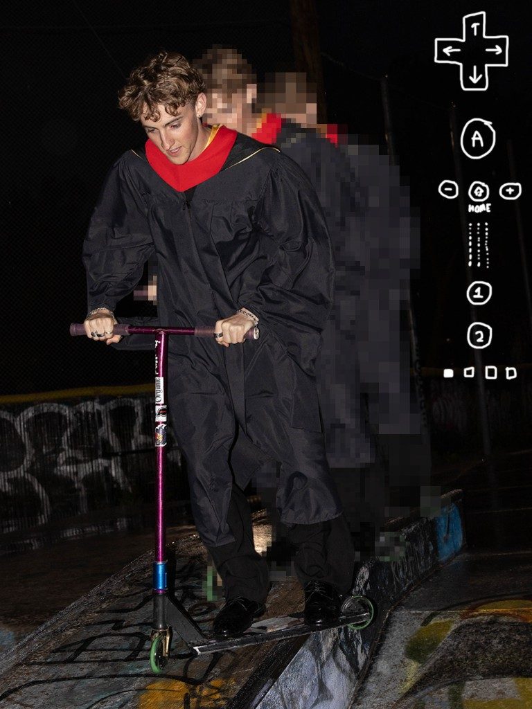 Graduate on a scooter at night with Wii remote icons