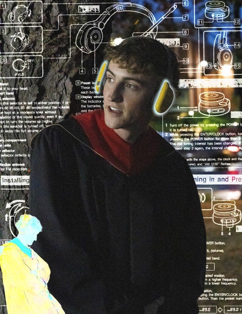 Graduate with yellow headphones over a technical diagram background