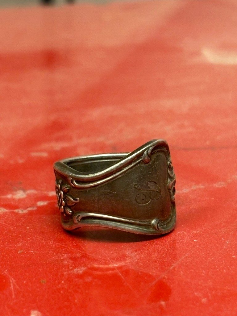 Silver spoon ring with engraved letter B