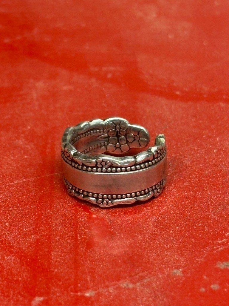 Beaded-edge floral silver spoon ring
