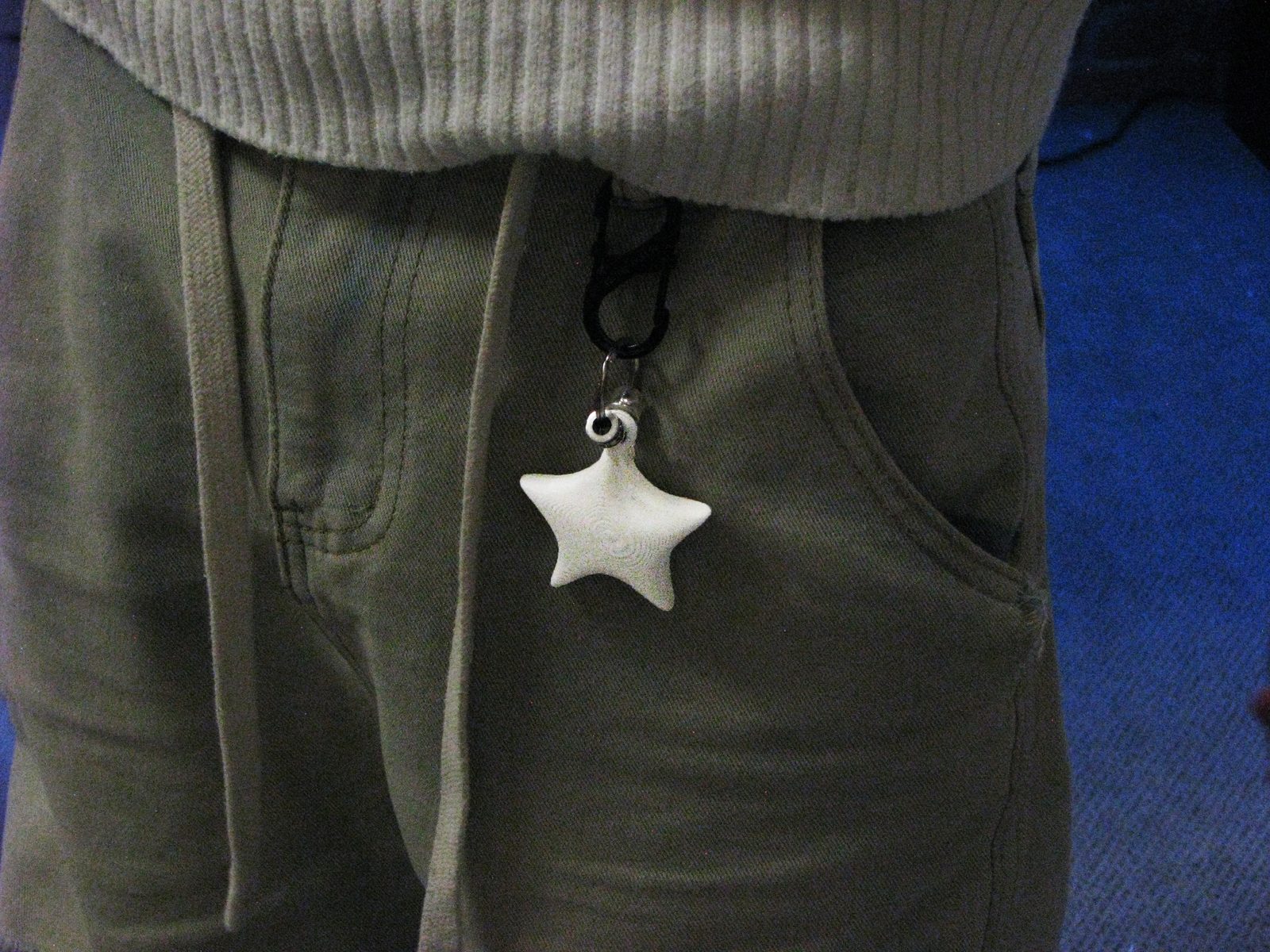 White star charm clipped to olive pants
