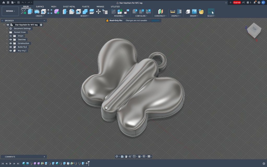 Fusion 360 model of a puffy butterfly NFC keychain