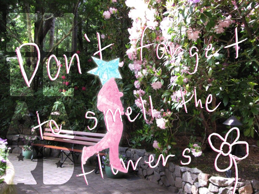Pink starhead figure walking through a garden with flower text