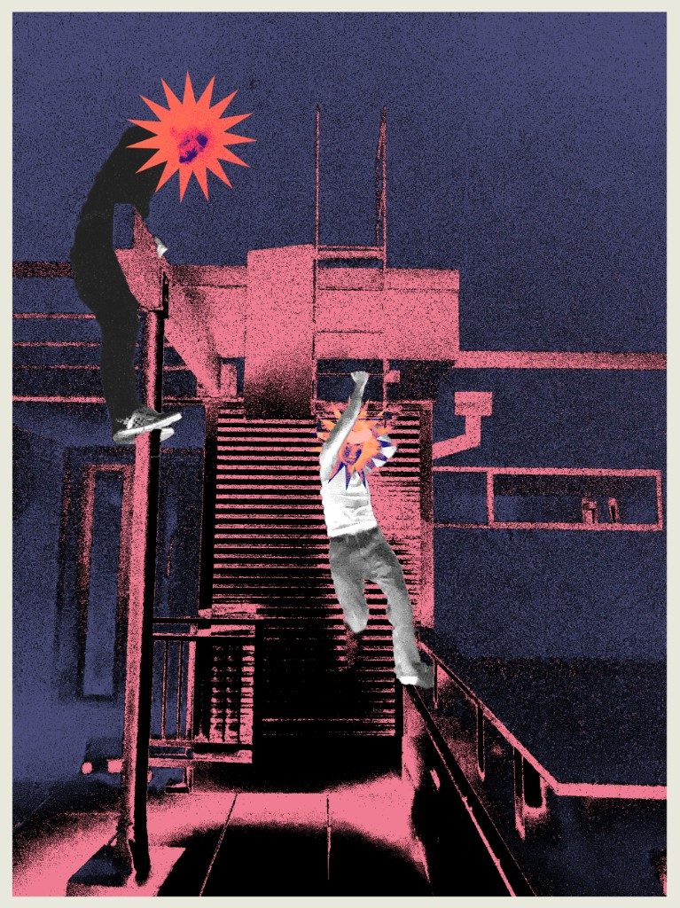 Two star-headed figures on pink industrial stairs