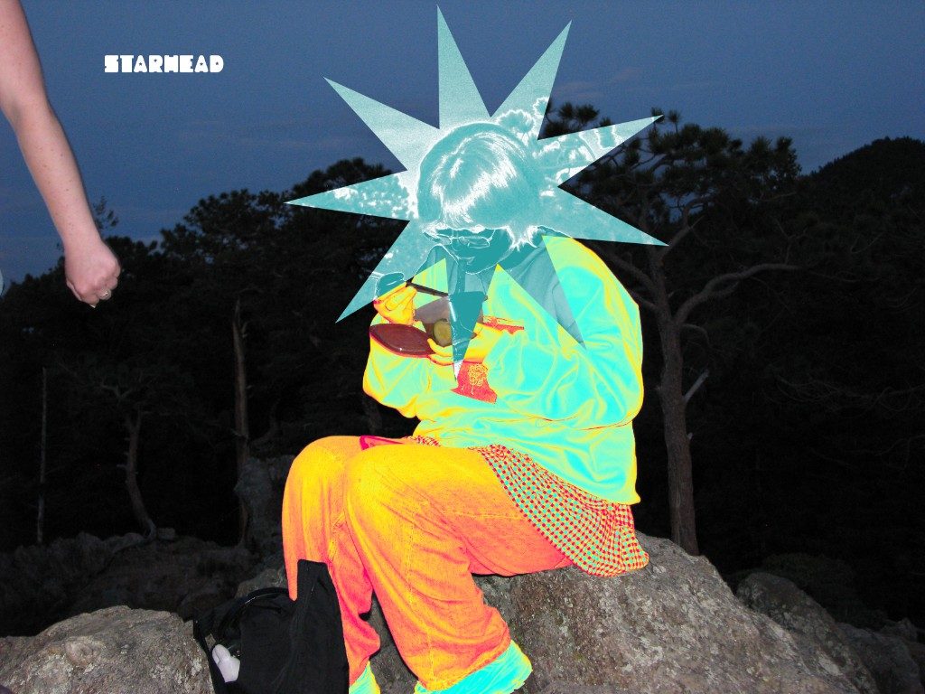 STARHEAD type over a neon figure eating on a rock