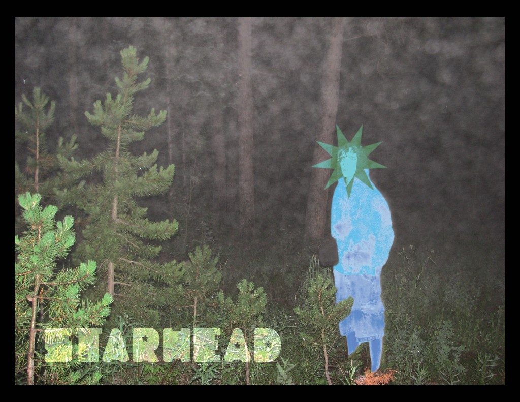 Blue glowing figure with a green star head in a dark forest
