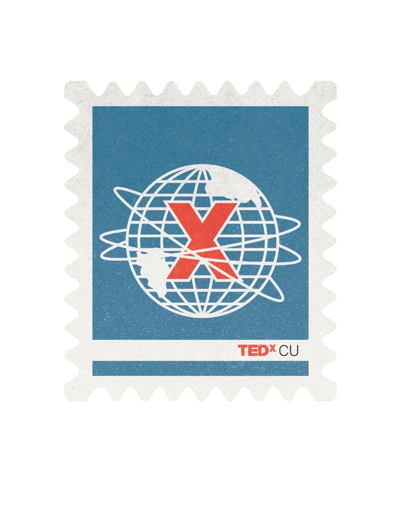 TEDx CU globe and X postage-stamp sticker