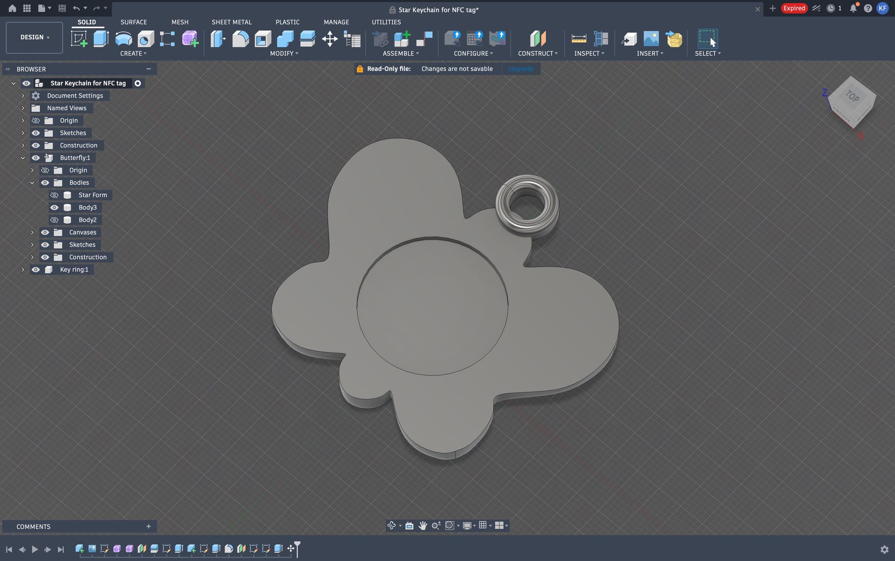 Fusion 360 model of a flat butterfly NFC enclosure