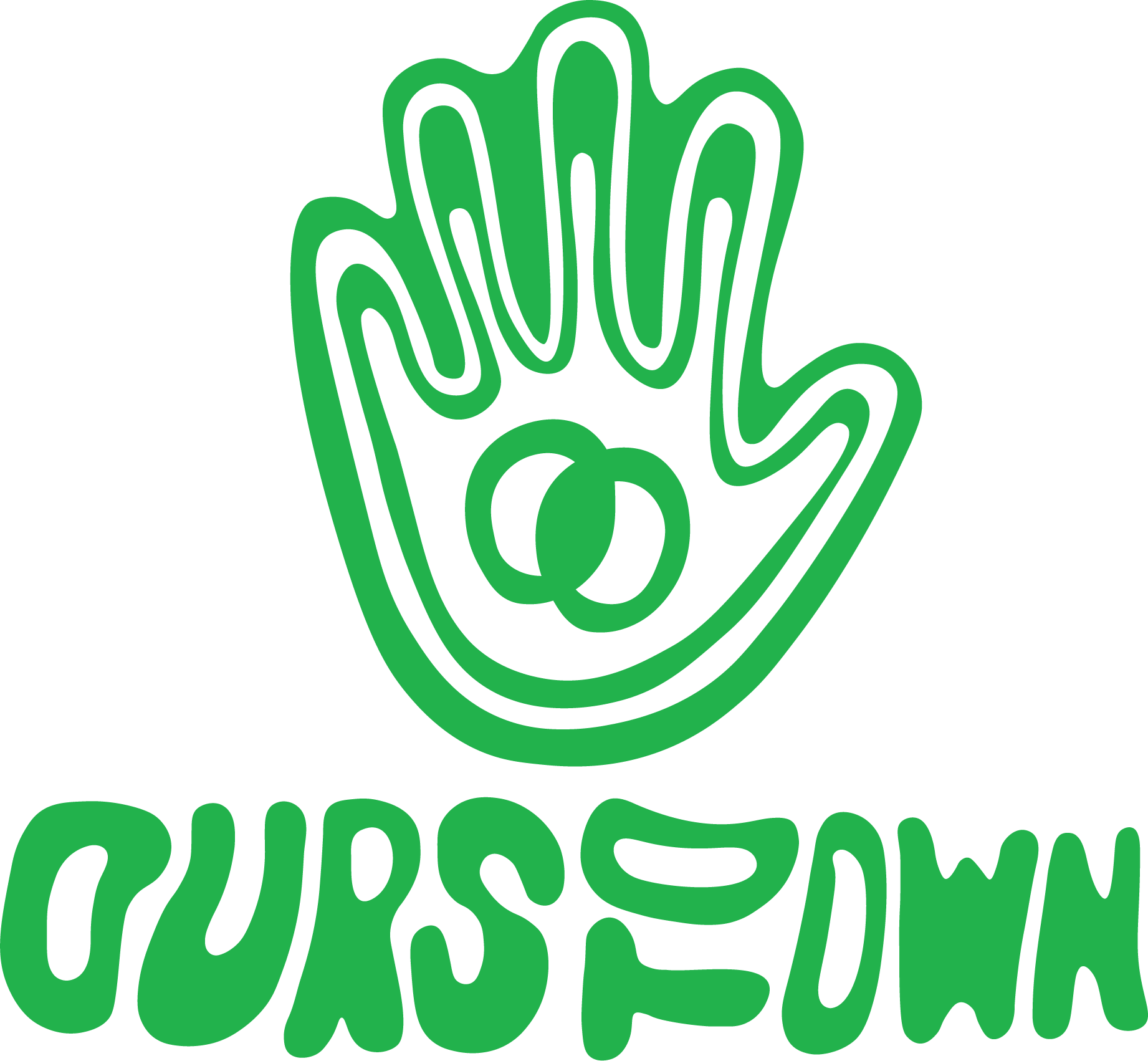 Green Ours To Own logo with hand mark and wavy wordmark