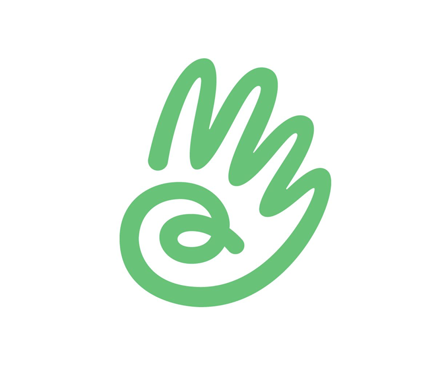 Green stylized hand mark with spiral palm