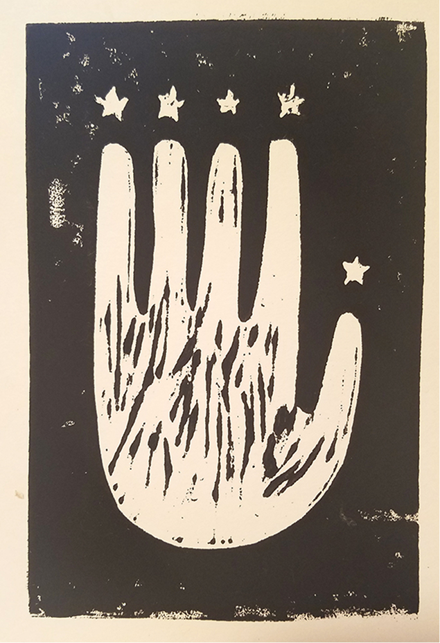 Hand print with stars above the fingers