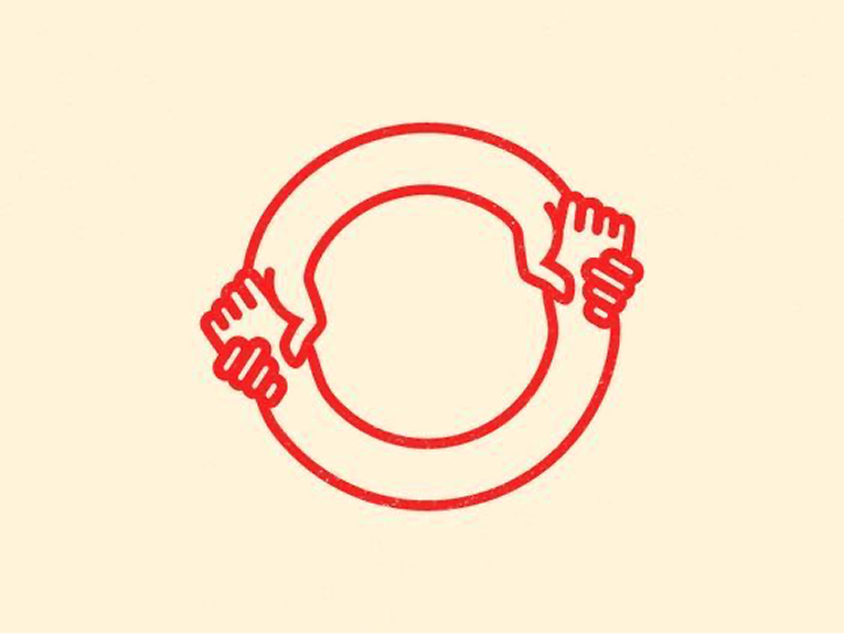 Red line drawing of hands forming a circle