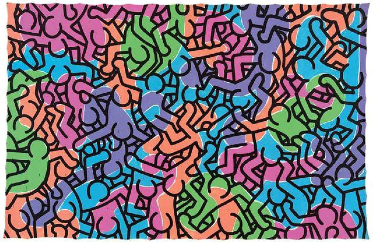 Keith Haring-style interlocking figures pattern