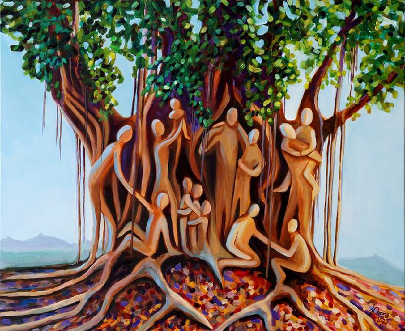 Tree of life with community figures in the roots