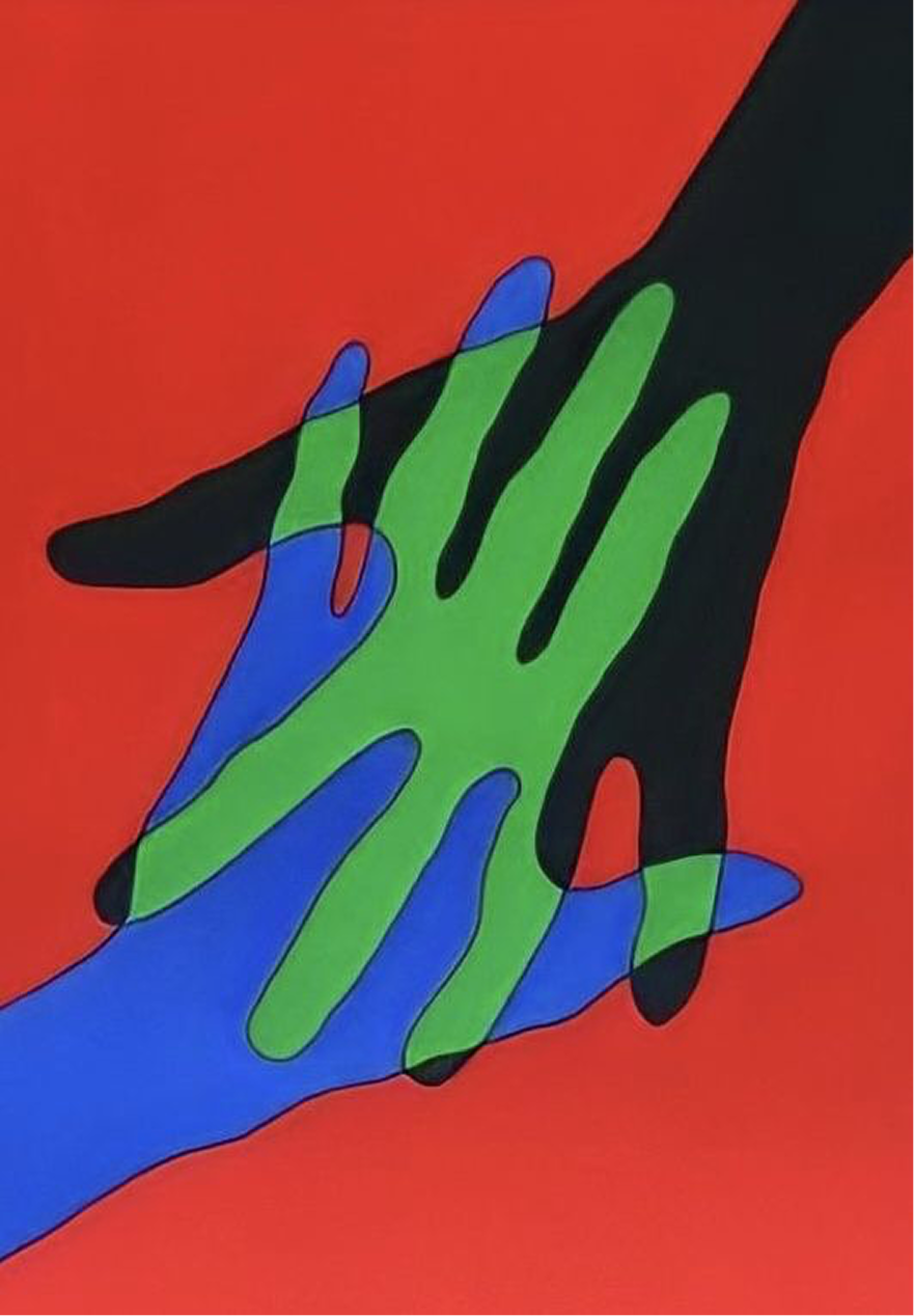 Three overlapping hands in blue, green, and black on red