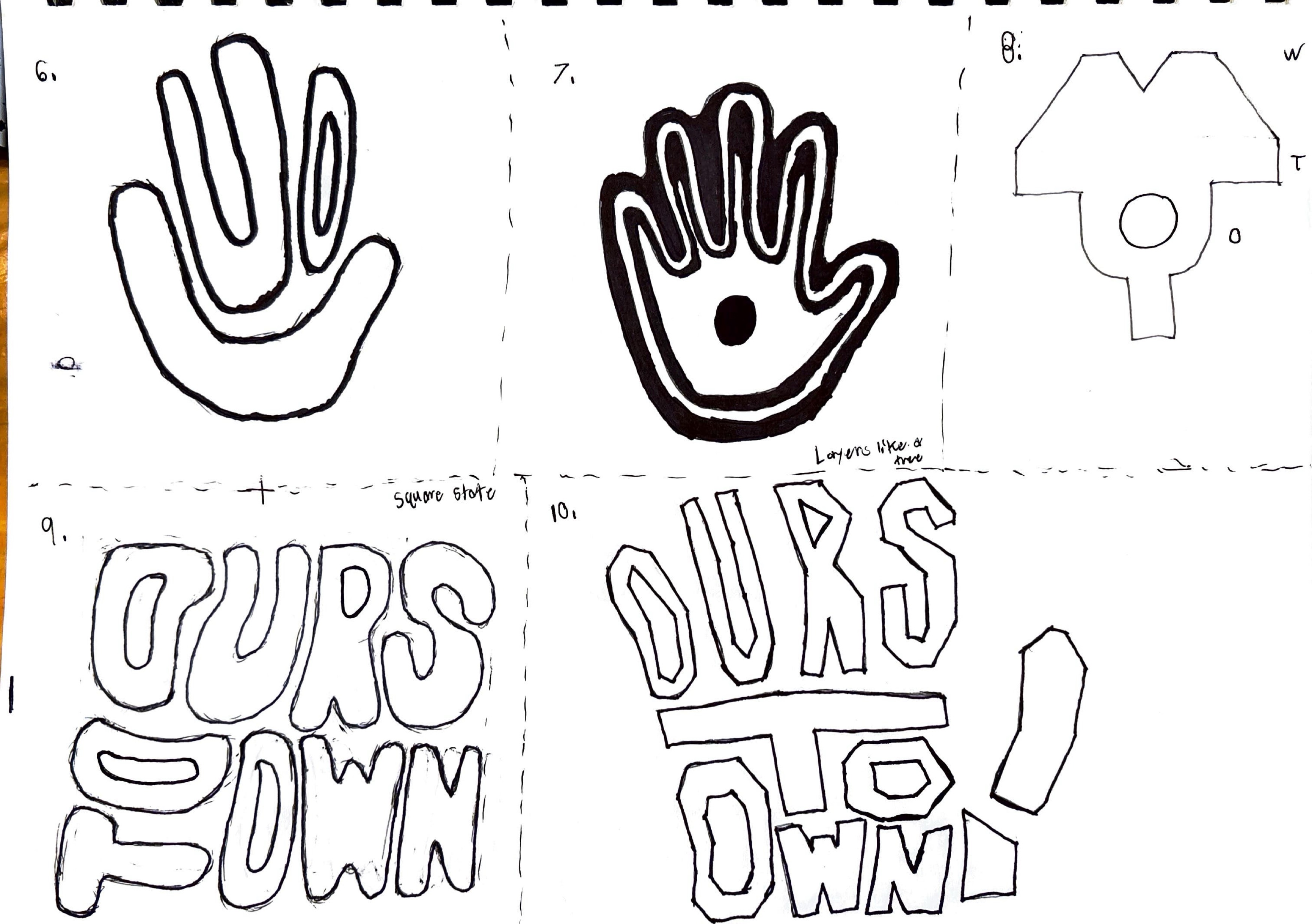 Hand symbol and wordmark sketch iterations on paper