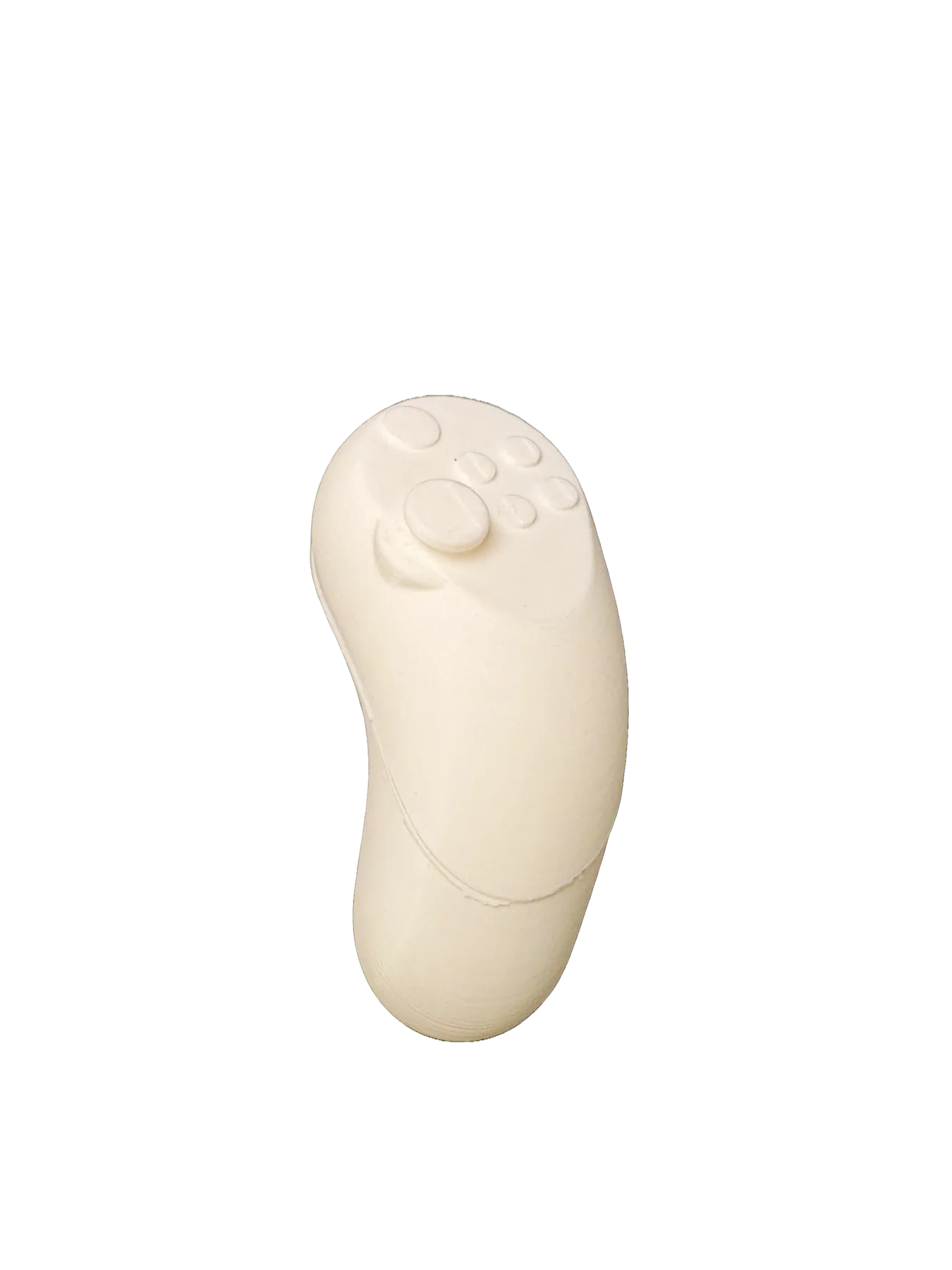 White bean-shaped prototype with face buttons and a small stick