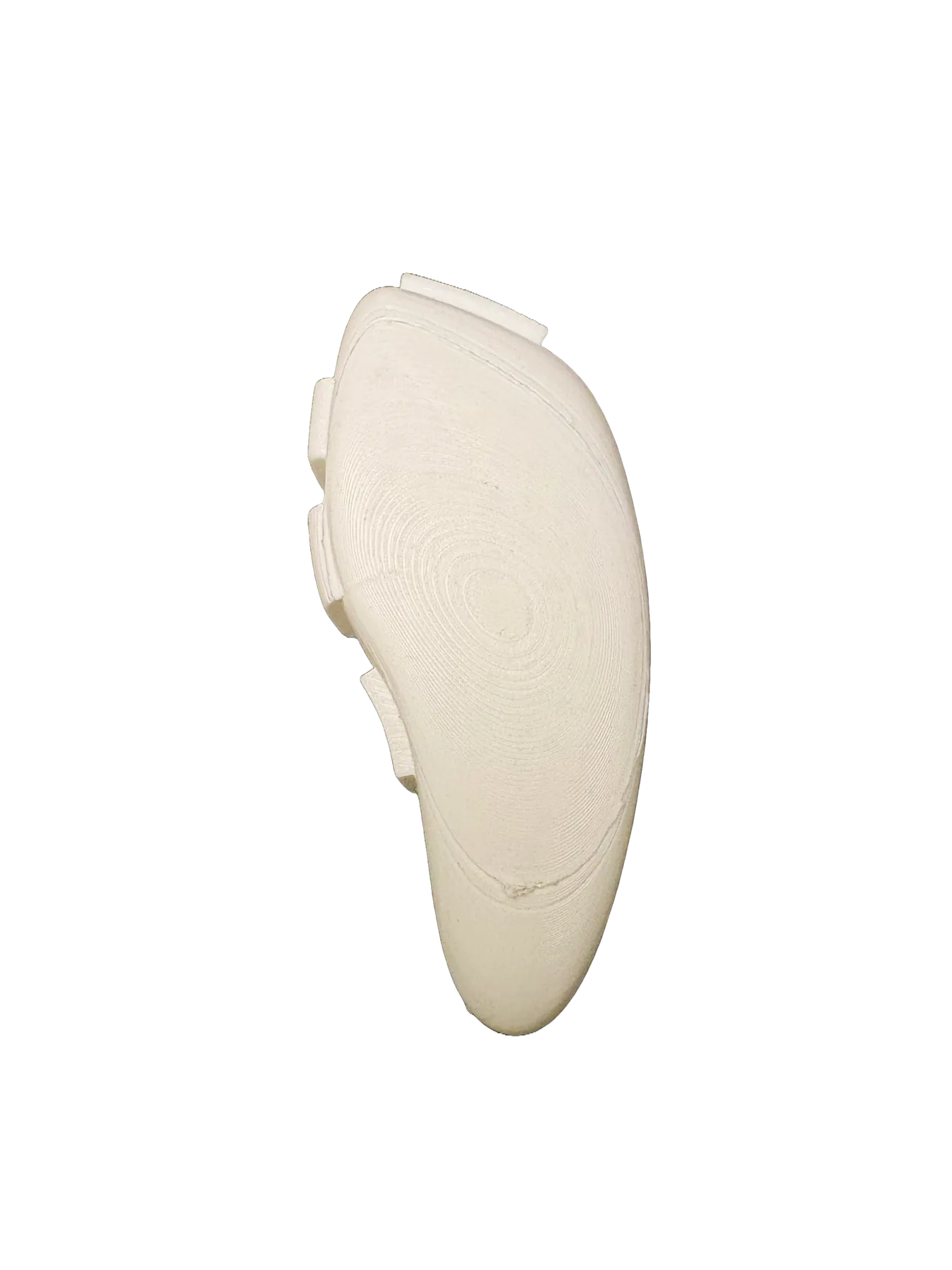 White shell underside with molded tabs and circular print texture