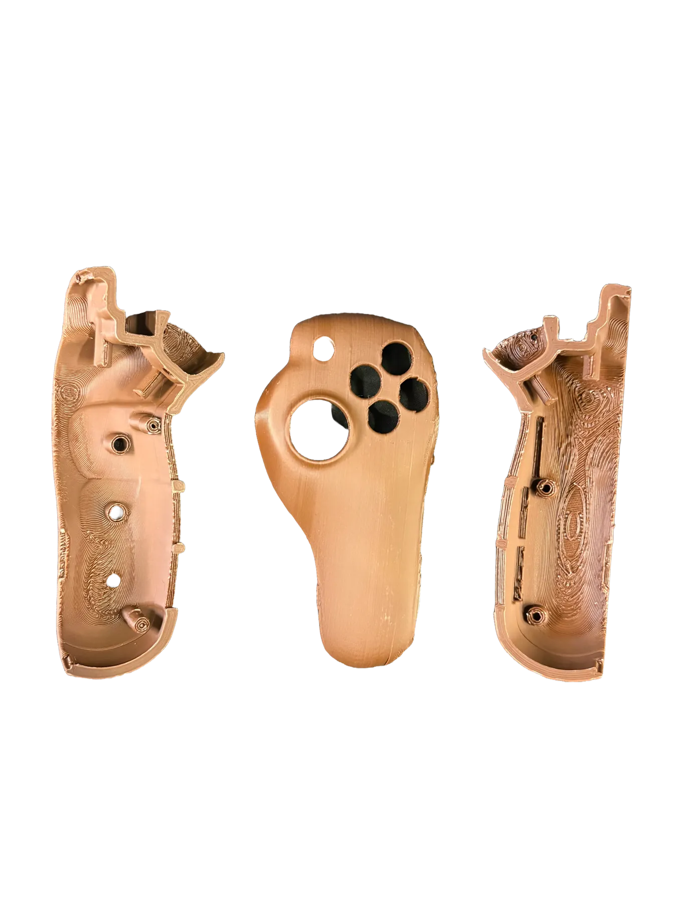 Brown 3D-printed controller parts shown as left shell, face plate, and right shell