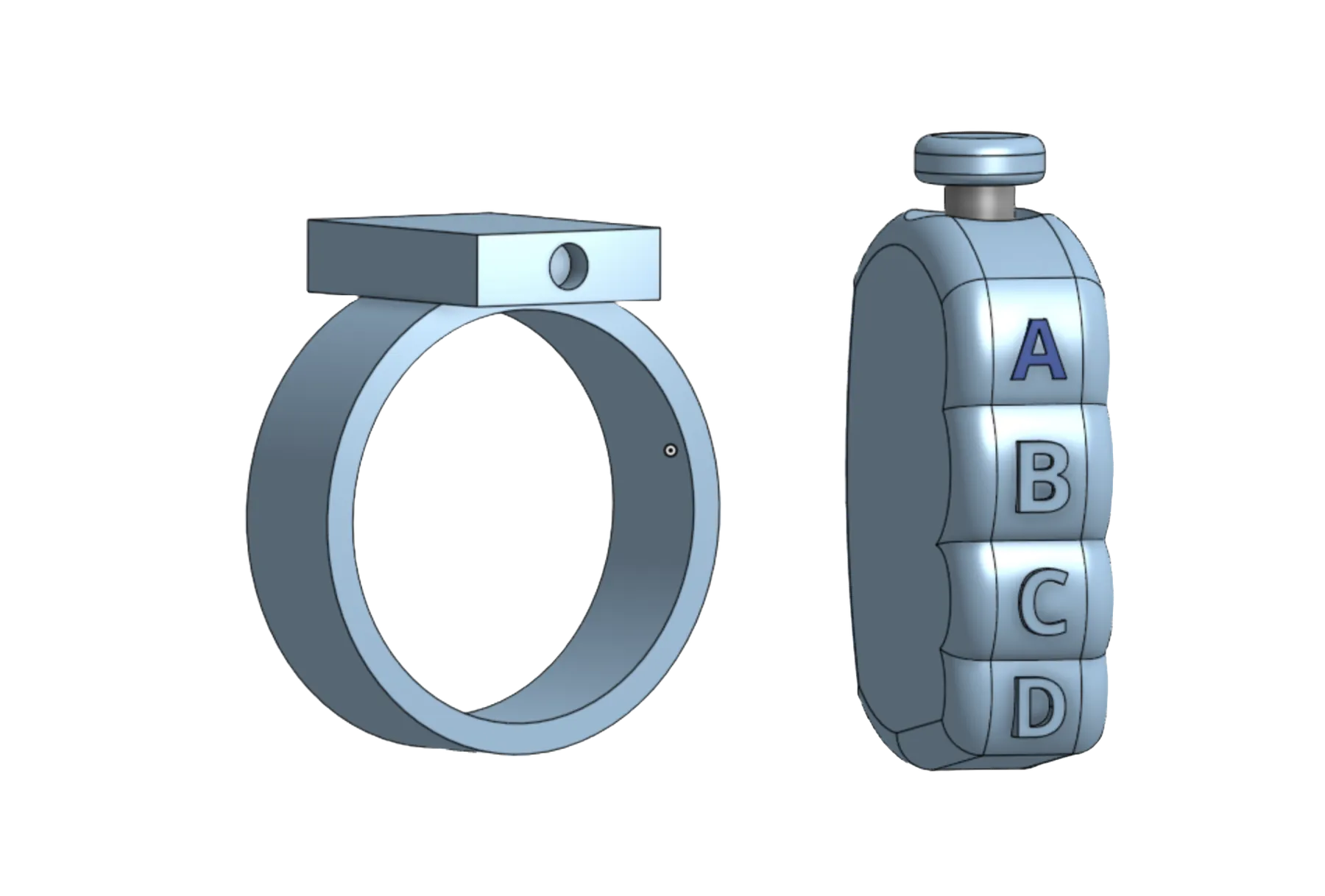 Two early 3D concepts: a ring-mounted sensor and a knuckle-style controller with A B C D buttons