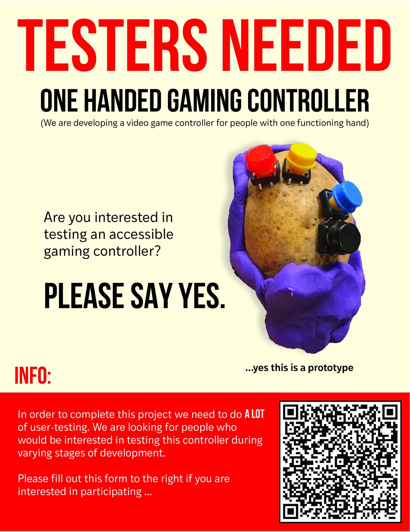 Recruitment flyer seeking testers for a one-handed gaming controller prototype