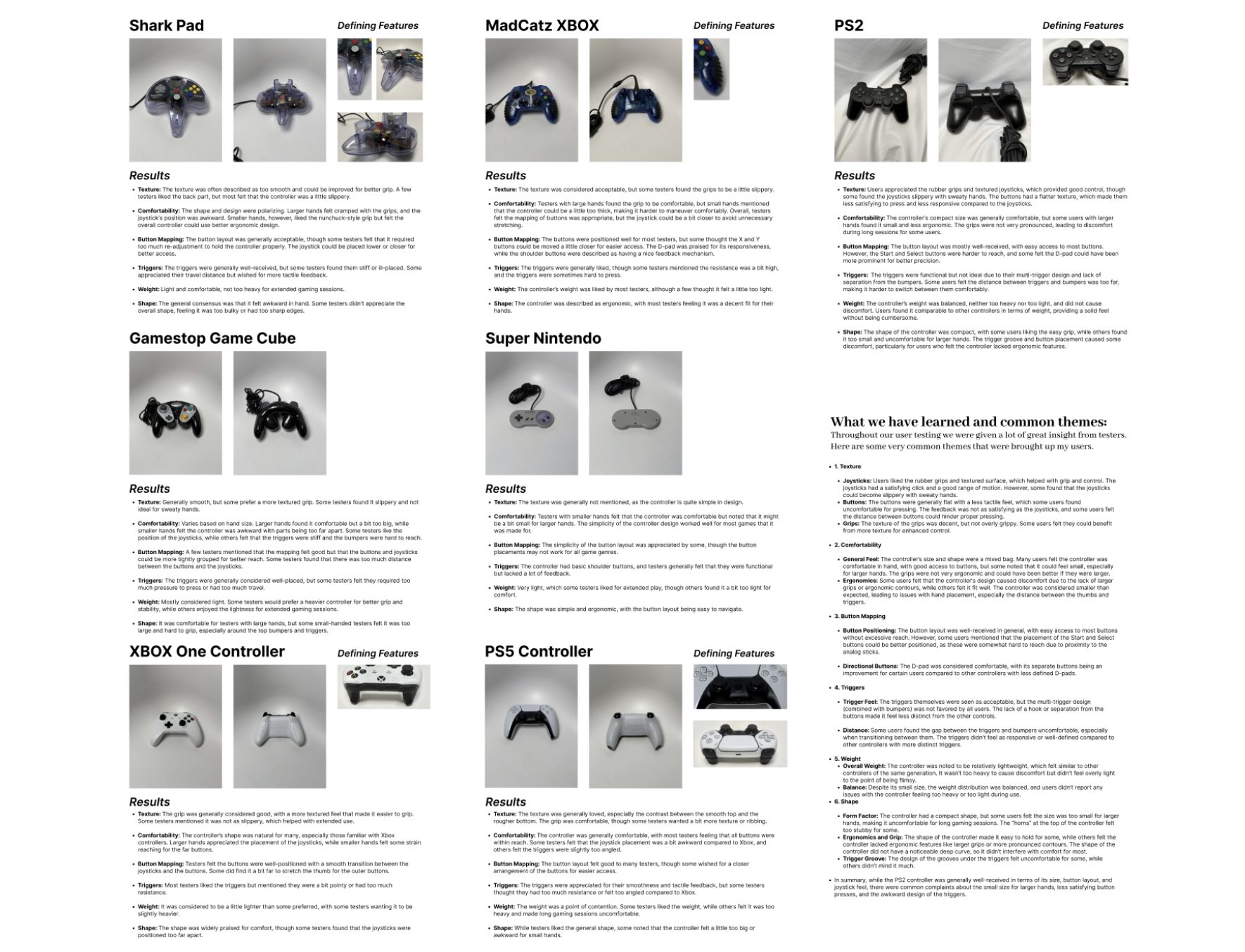 Controller comparative analysis board with results and common themes from In Person Test 2