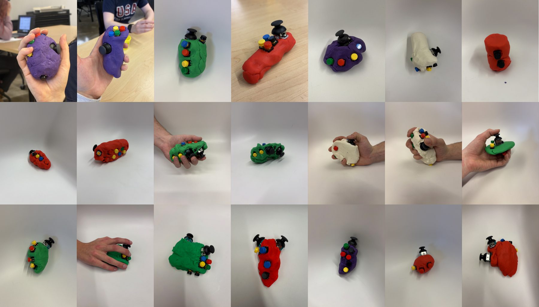 Grid of Play-Doh controller prototypes with buttons and joysticks from the first in-person user test
