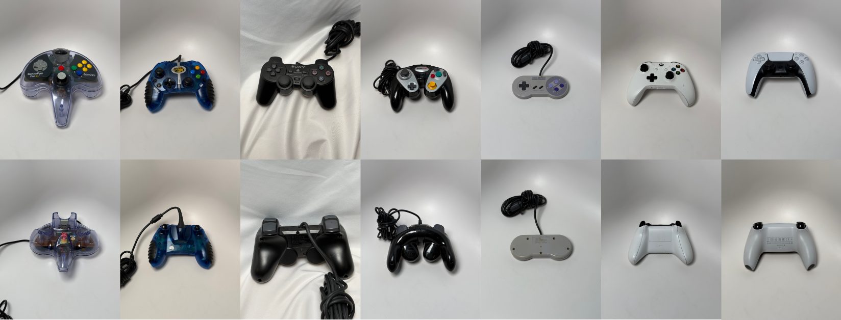 Front and back views of seven gaming controllers used in the second in-person user test