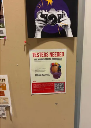 Recruitment flyer pinned to a corkboard under a camera illustration poster