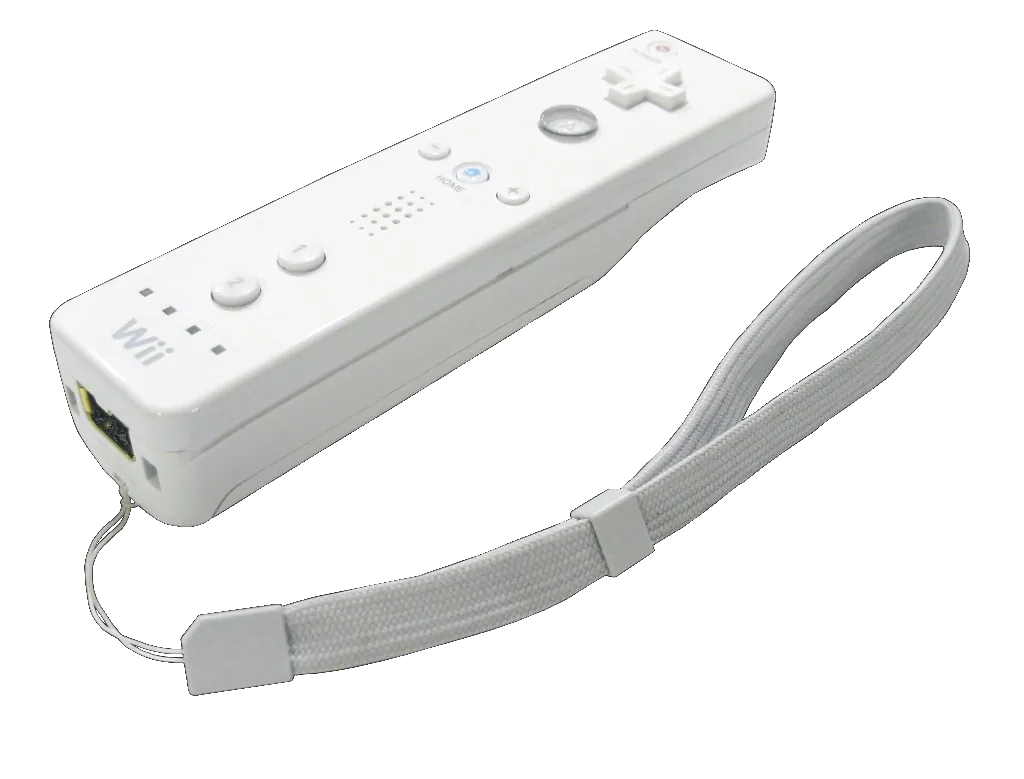 White Nintendo Wii Remote with wrist strap