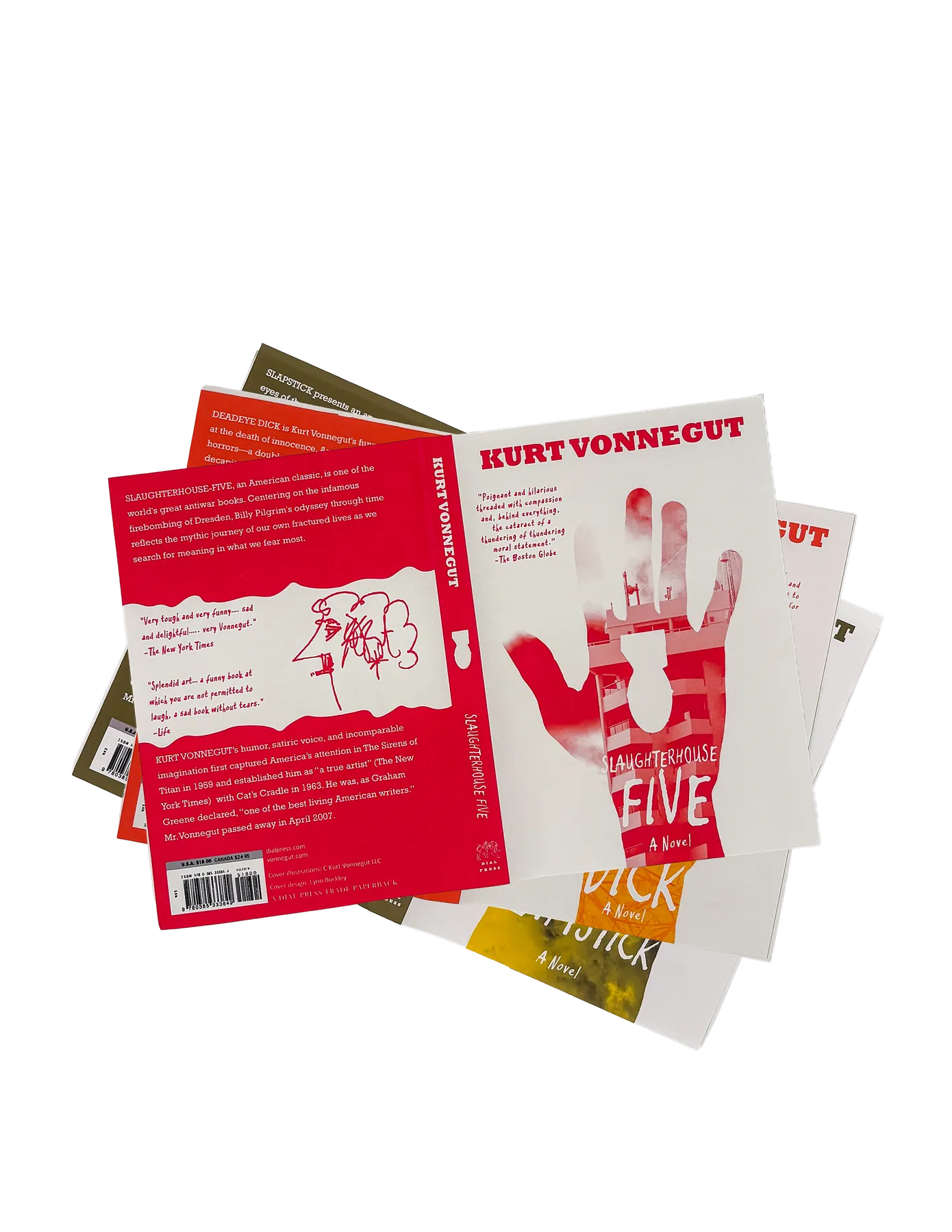 Fanned Slaughterhouse-Five jacket over other Vonnegut covers